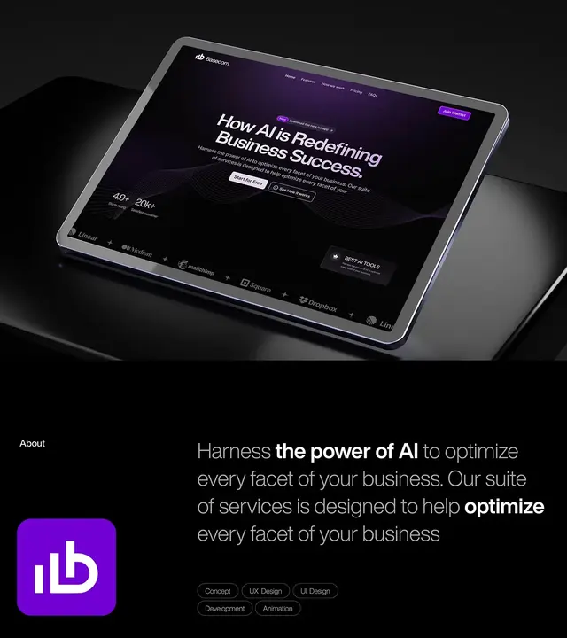 AI SaaS landing page design on a tablet: a dark hero reading How AI is Redefining Business Success