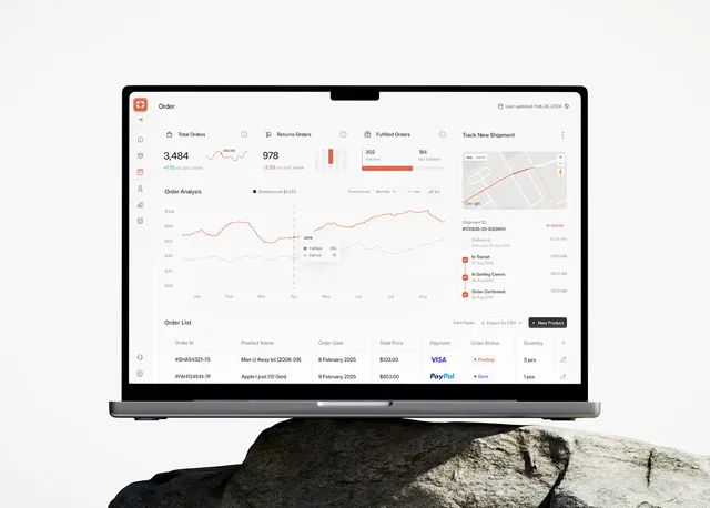 Alignify CRM dashboard design case study cover: order screen on a laptop with order counts, chart and shipment tracker