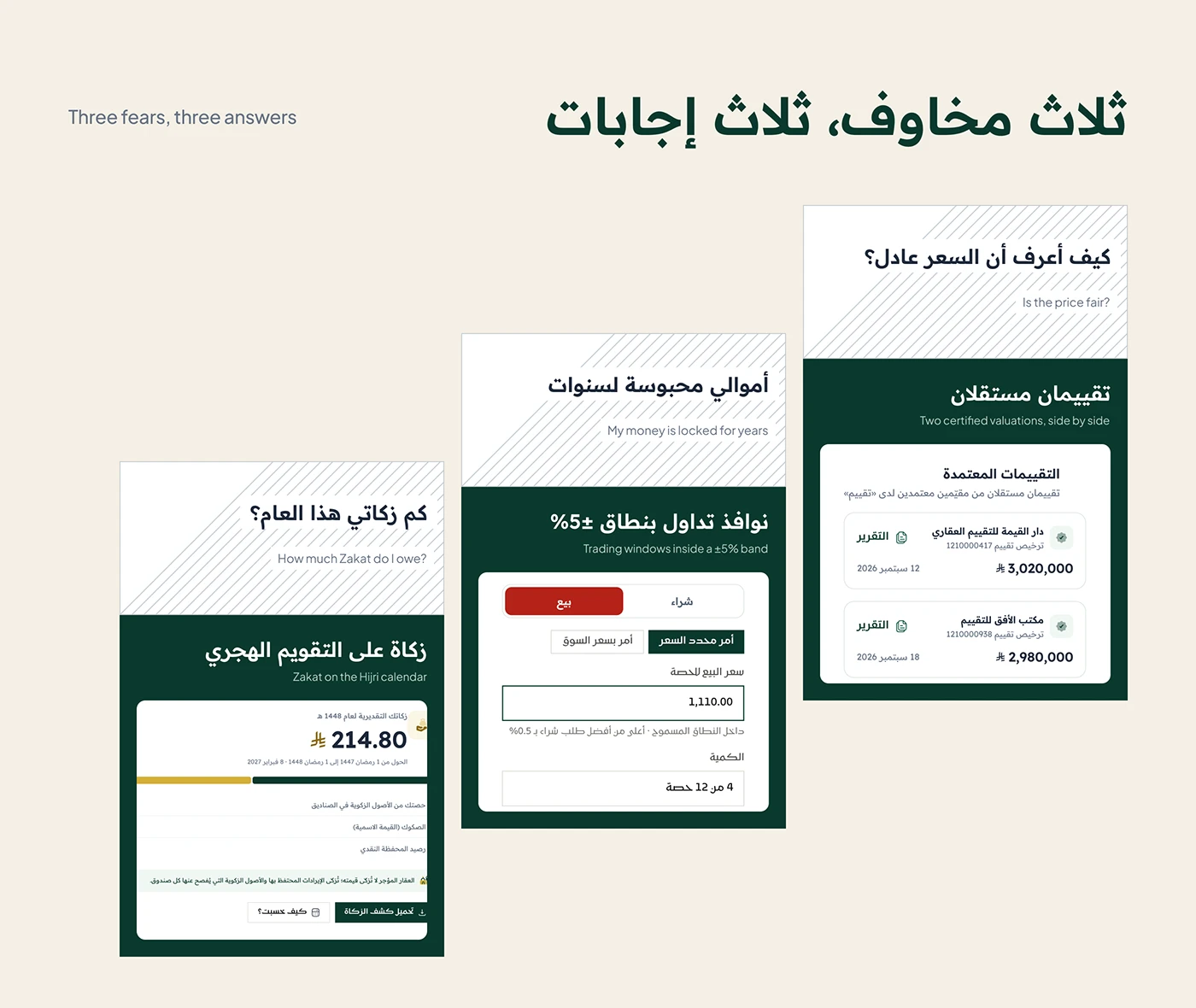 Three investor fears with the screen that answers each: certified valuations, a trading window and Zakat