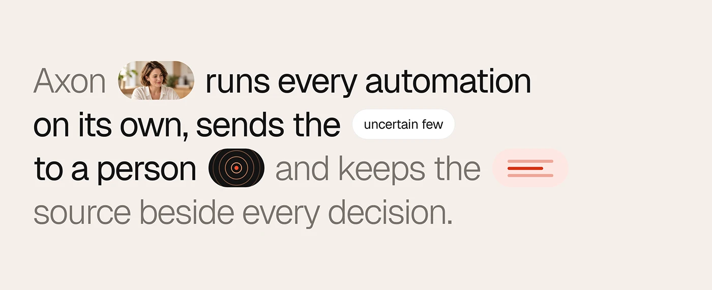 Statement slide: Axon runs every automation on its own and sends the uncertain few to a person