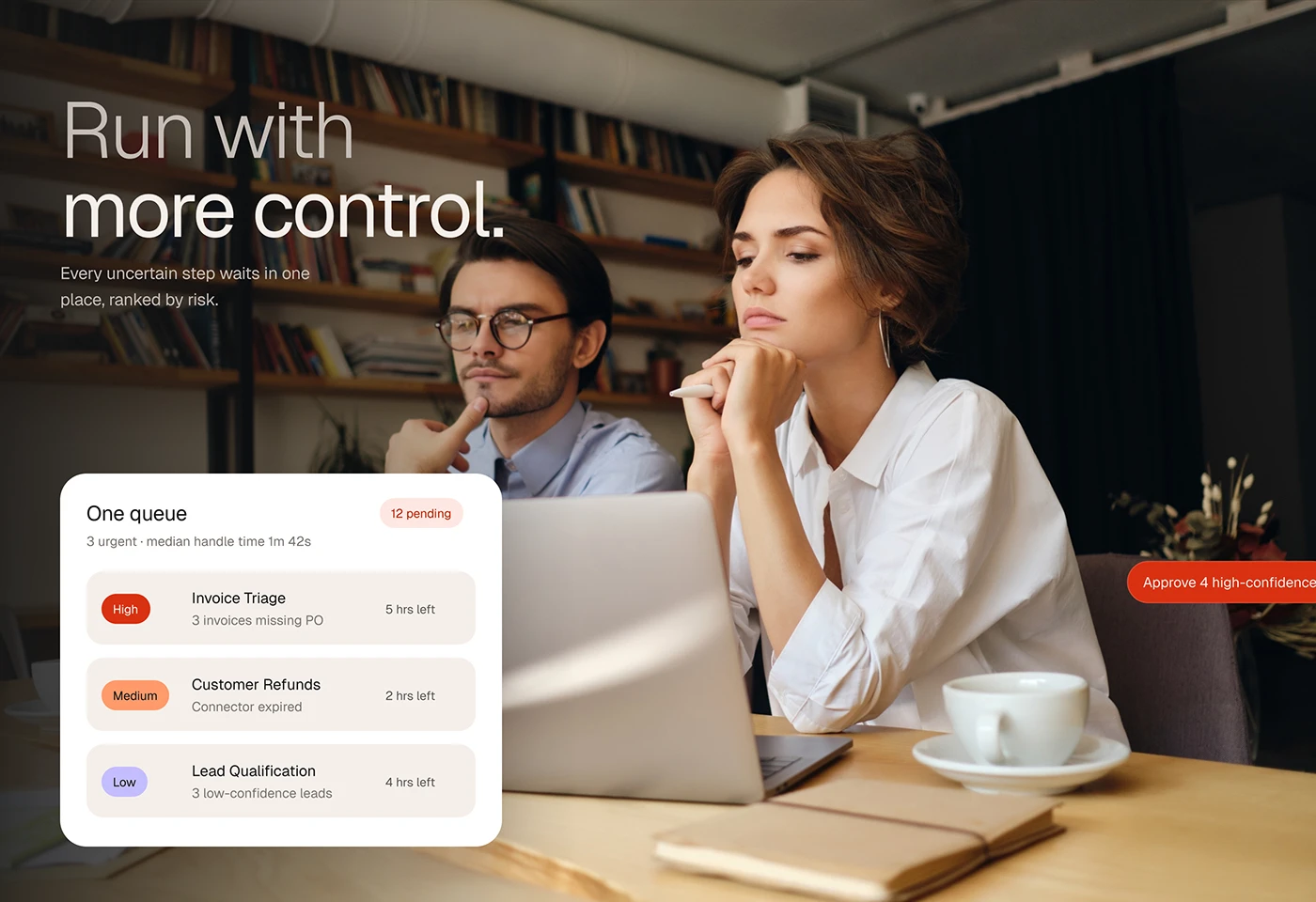 Review queue card with high, medium and low priority workflows over a photo of two colleagues