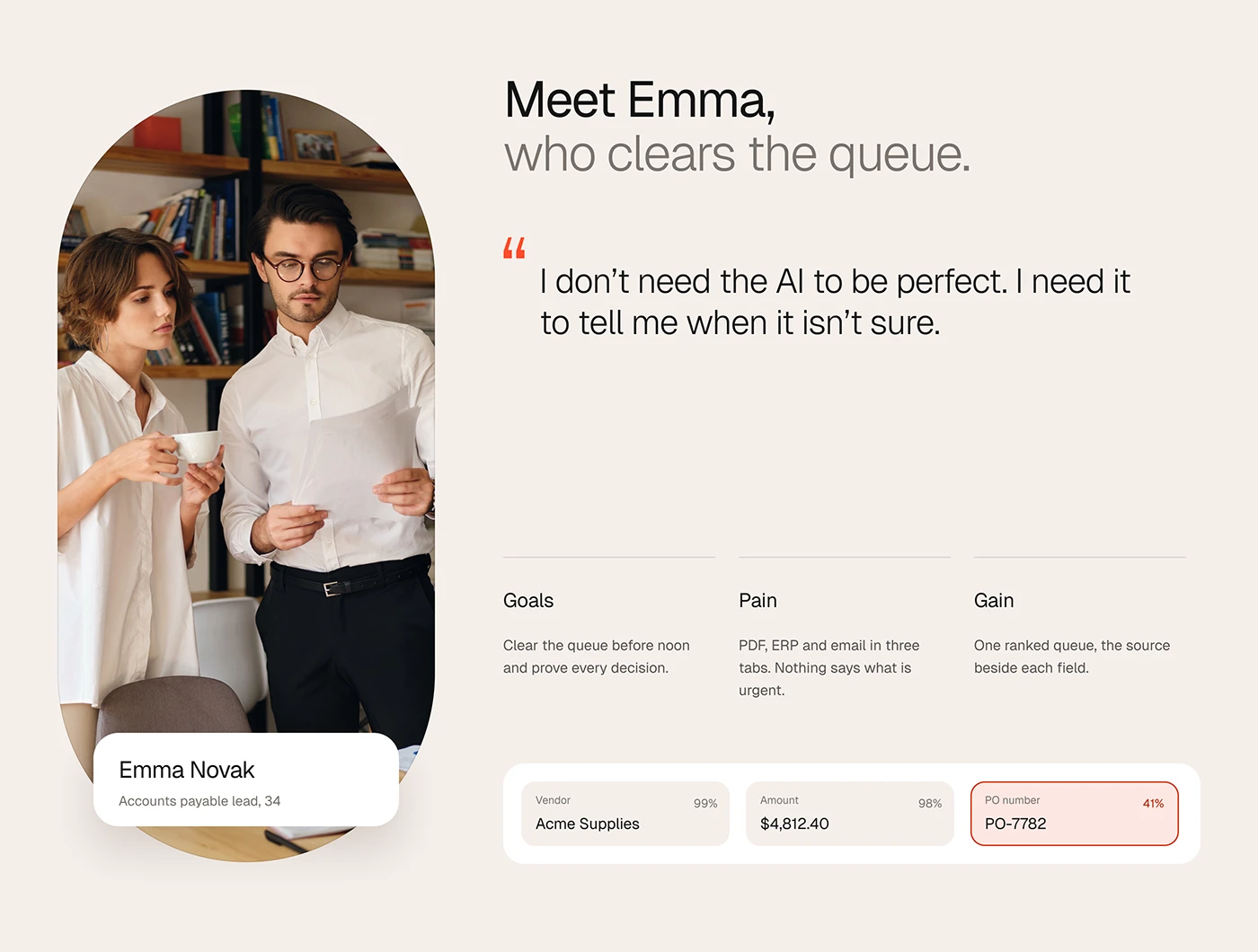 Persona card for an accounts payable lead with goals, pain, gain and field confidence scores