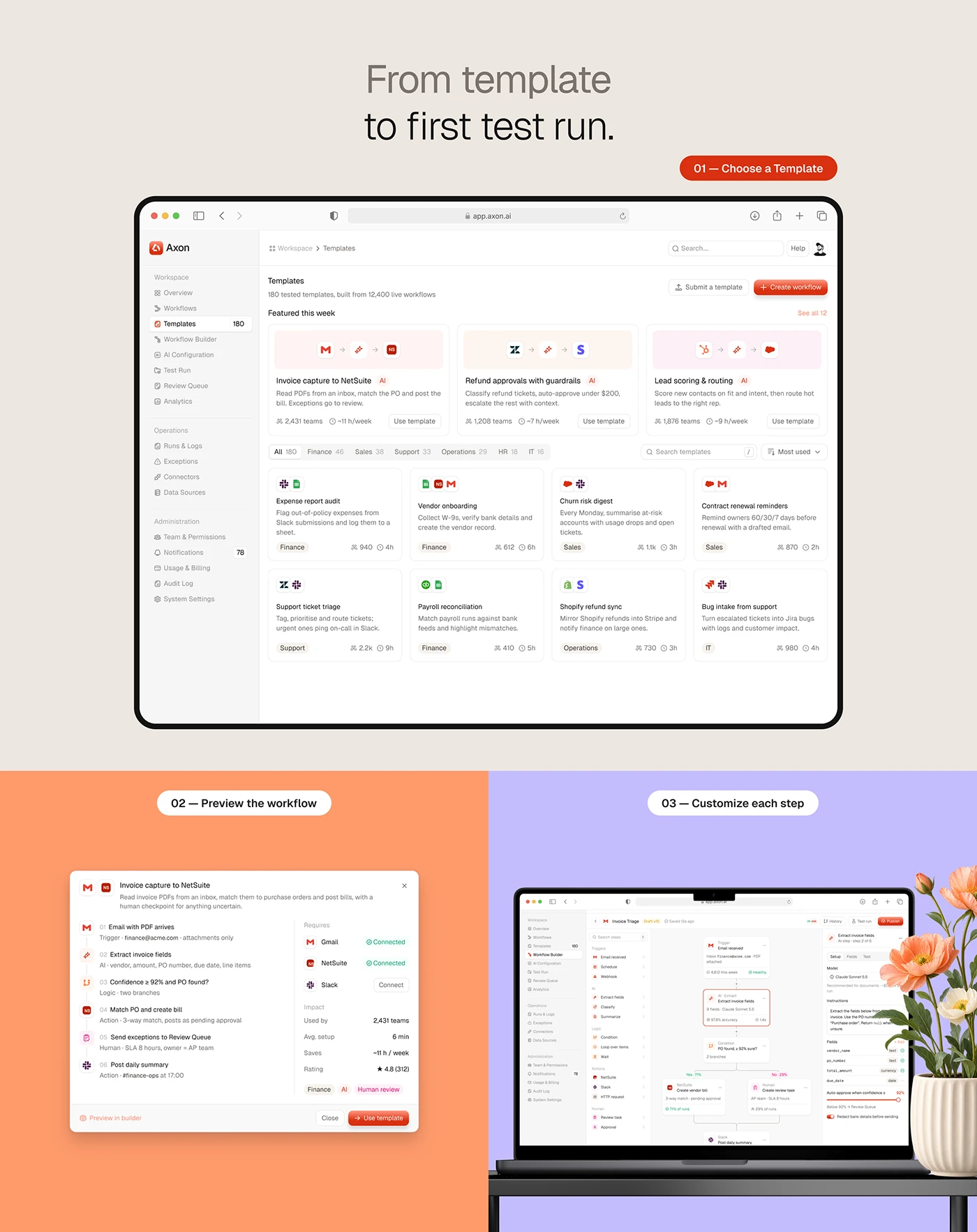 Template gallery, workflow preview and Workflow Builder in the Axon dashboard