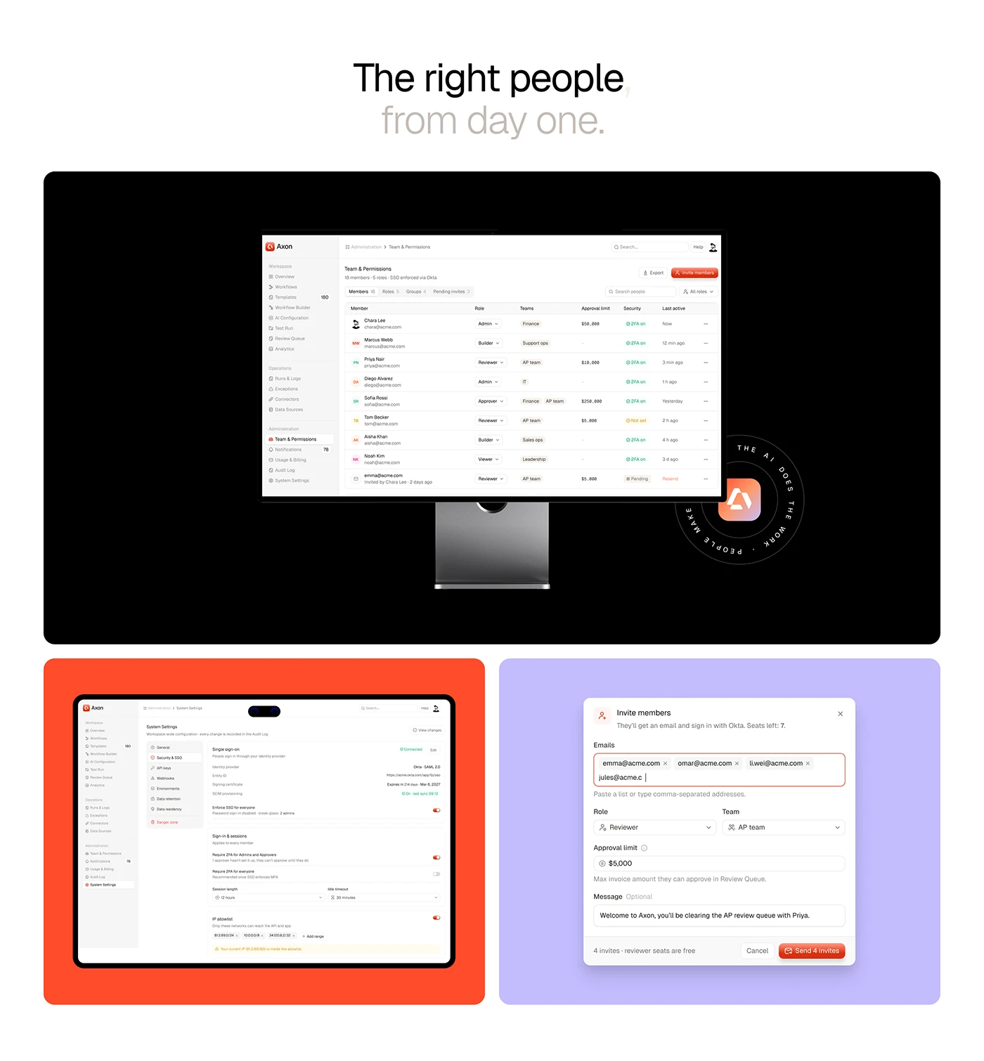 Team and permissions table, security settings and invite members dialog with roles and approval limits
