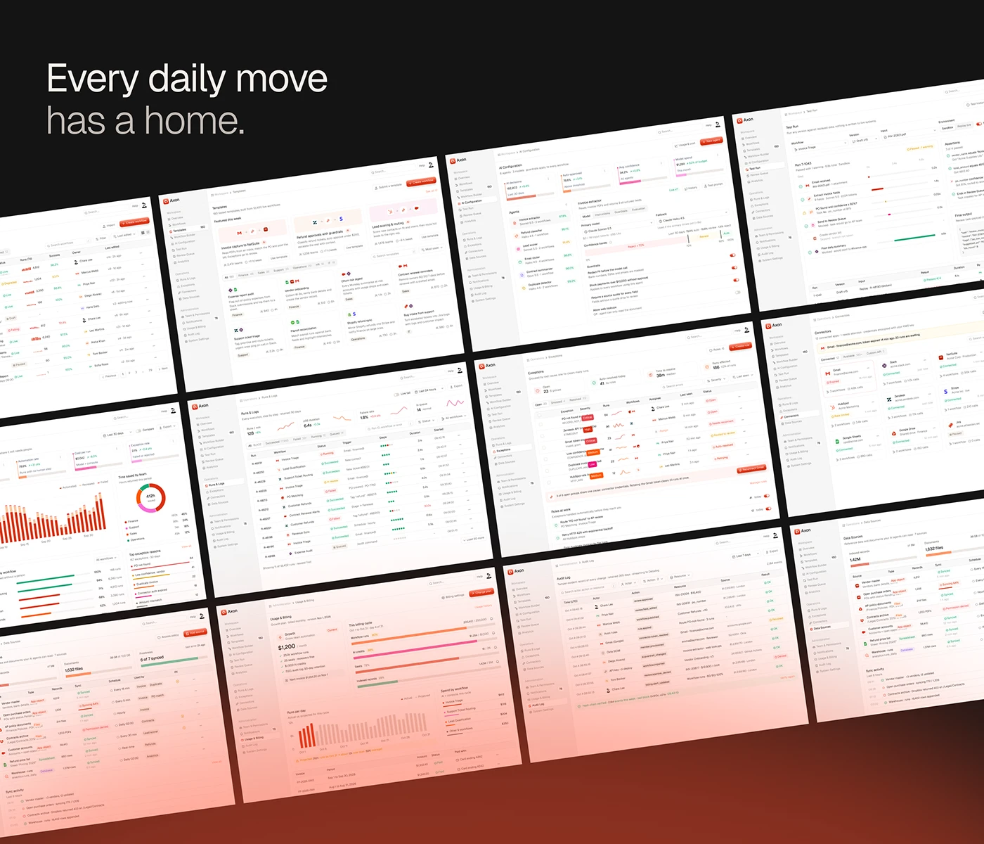 Grid of web app screens: templates, AI configuration, test run, runs, exceptions, connectors and billing
