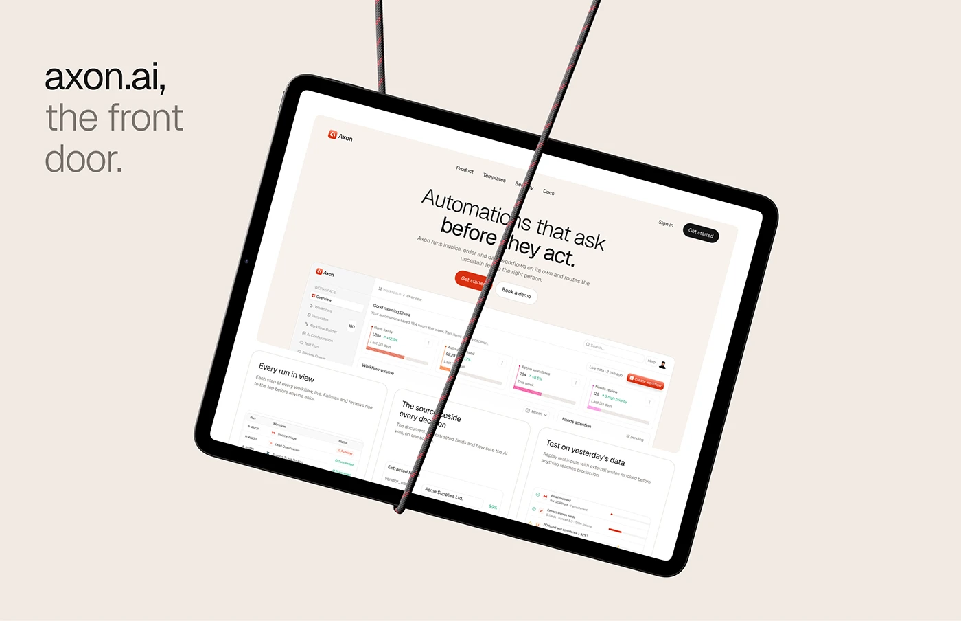 Marketing website hero for the automation app on a tablet with product screens below