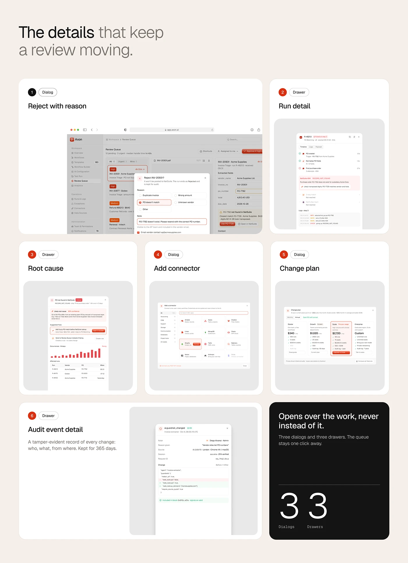Dialogs and drawers for review, run detail, root cause, connectors, plans and audit events