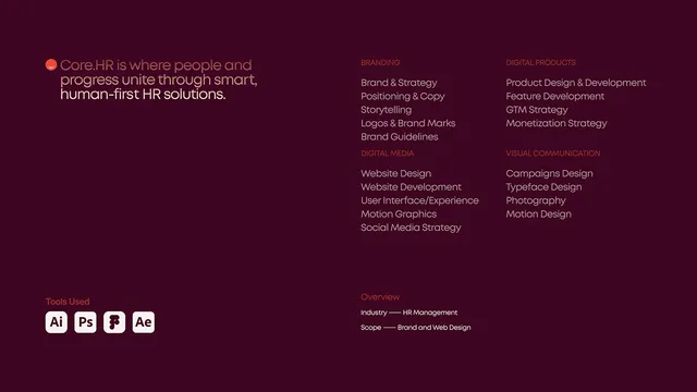 Core.hr HR software website design project slide with its tagline, HR management industry and the tools used