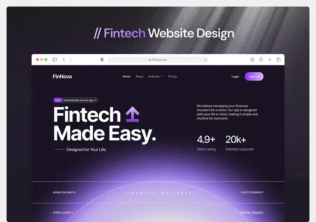 Fintech SaaS website design cover: the dark purple Fintech Made Easy homepage hero in a browser window