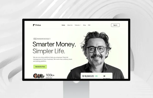 Fintus banking website design case study: the Smarter Money, Simpler Life homepage hero on a desktop monitor