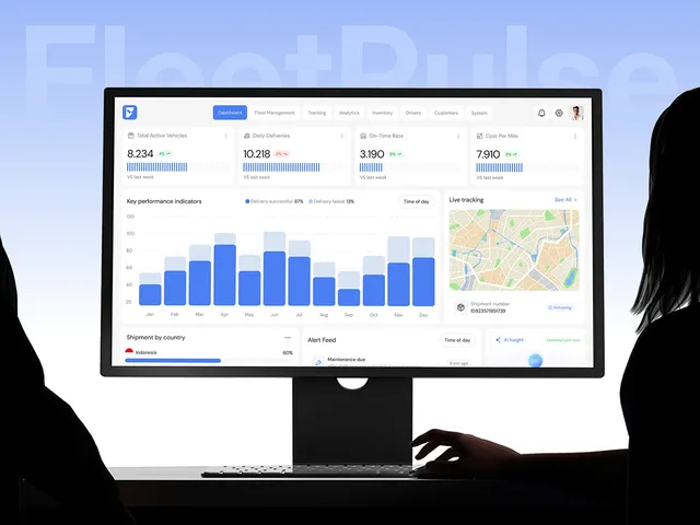 FleetPulse fleet management dashboard design on a desktop monitor, with KPI cards, a delivery chart and live tracking map