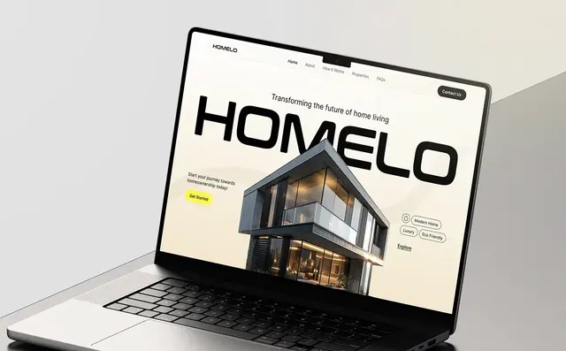 Real estate landing page design for Homelo on a laptop: a huge Homelo name over a modern glass house