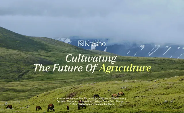 Agriculture app design case study cover: Kresho headline Cultivating The Future Of Agriculture over green hills and grazing horses