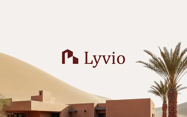 Lyvio AI real estate app and website design cover: the Lyvio name over a desert dune and terracotta villa