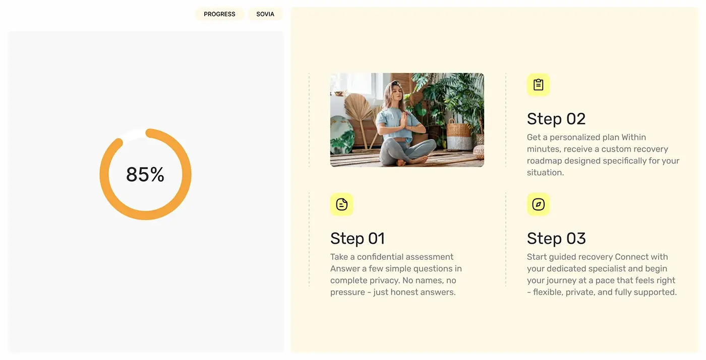 From my work: Sovia, website and app screens for a mental wellbeing platform, that I designed.