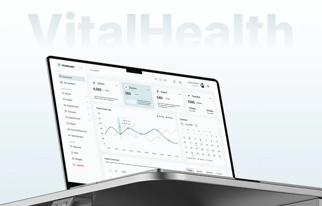 VitalHealth healthcare SaaS dashboard design on a laptop: visitor, doctor, patient and bed cards with a calendar