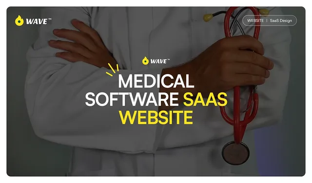 Wave medical SaaS website design title slide over a doctor with crossed arms holding a stethoscope