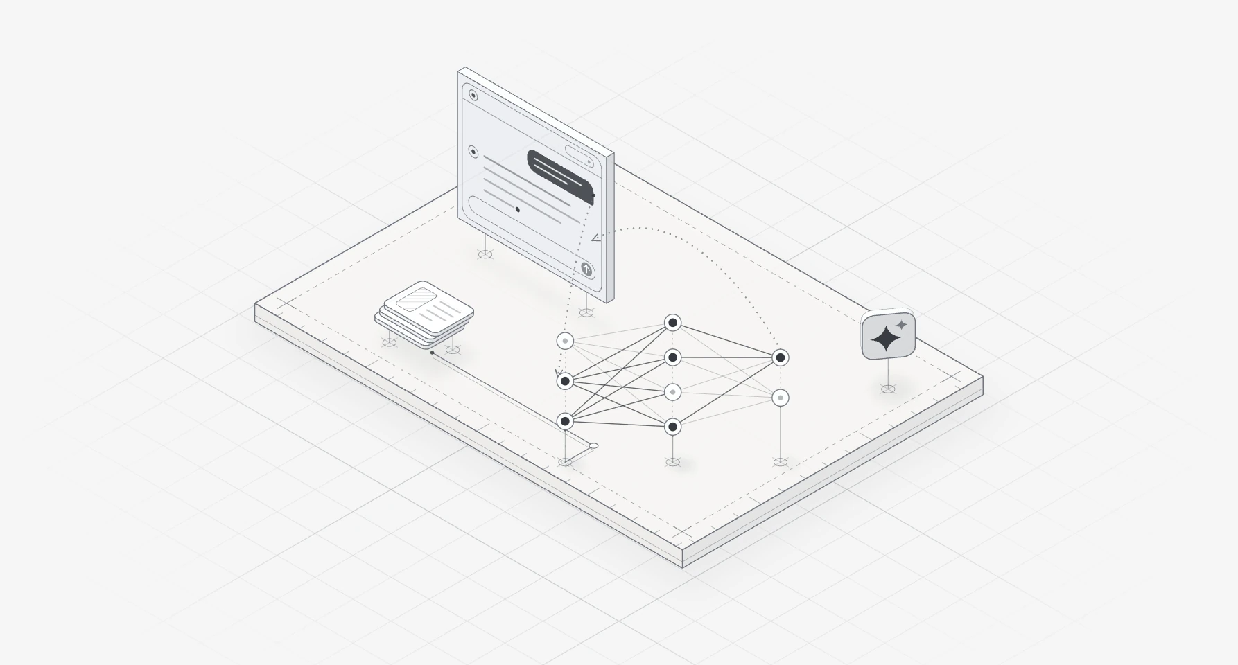 Line drawing of a chat panel where answer lines appear one by one, beside a small network of nodes linked by travelling pulses and a spark on a floating badge.