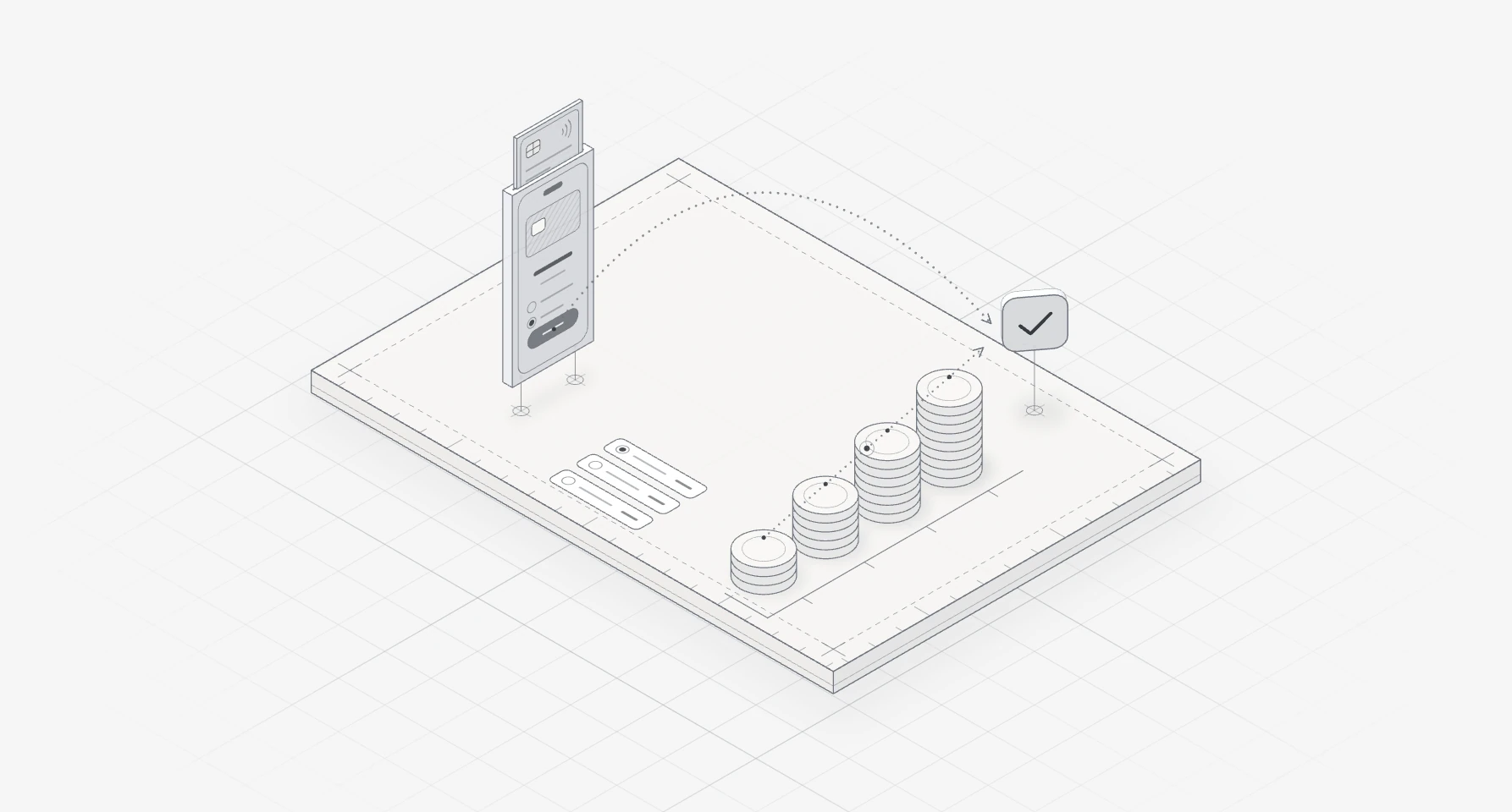 Line drawing of a phone with a card sliding out of it, coins stacking into a rising bar chart, and a small payment dot travelling along a path to a check mark.