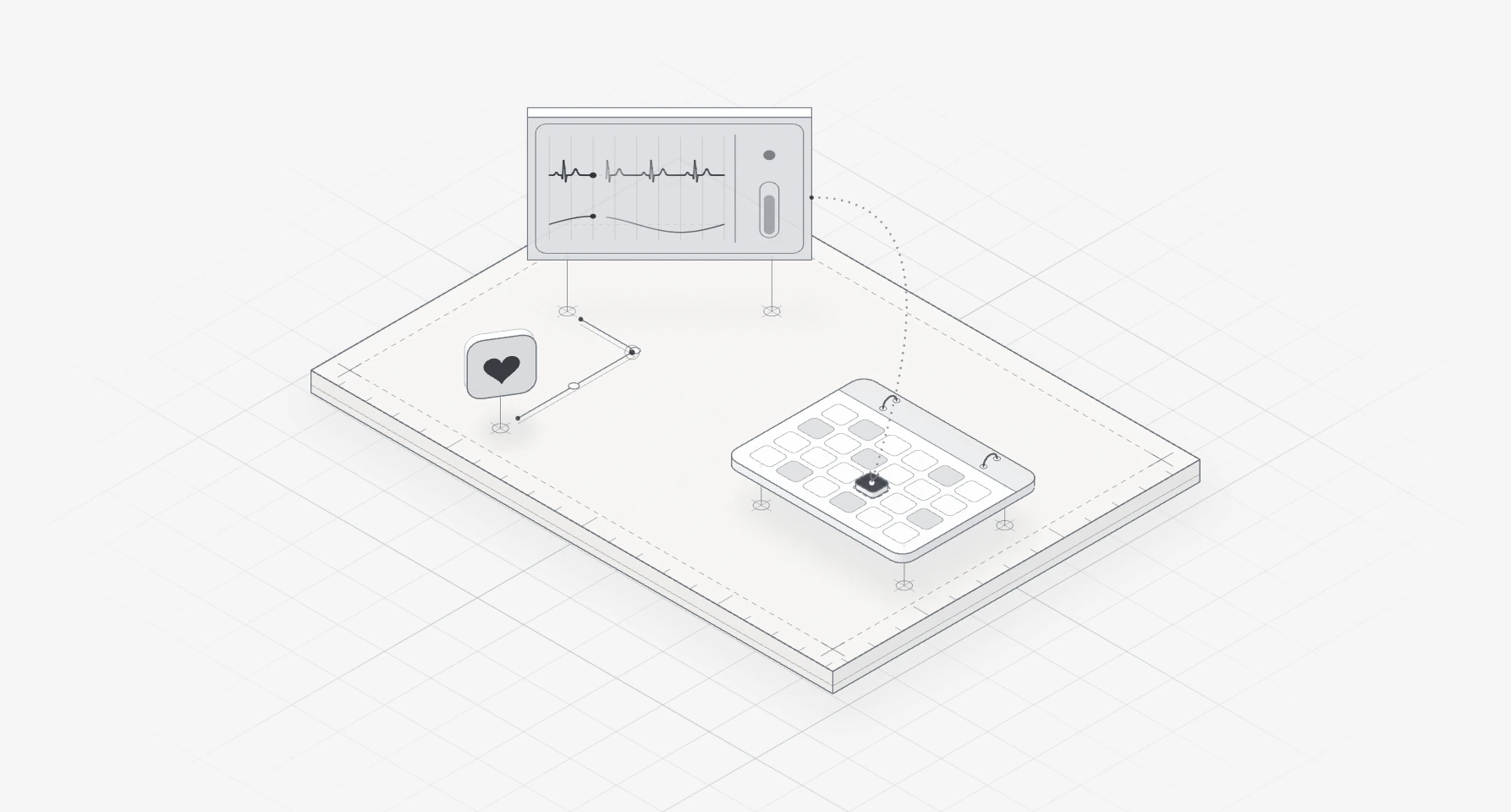 Line drawing of a monitor with a gently breathing pulse line, a calendar card with one booked slot, and a heart shape on a small badge.