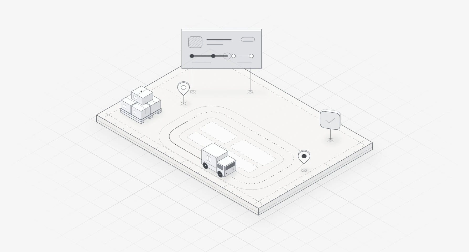 Line drawing of a van travelling along a dotted route between two map pins, beside parcels stacked on a pallet and a tracking card whose progress bar fills as the van moves.