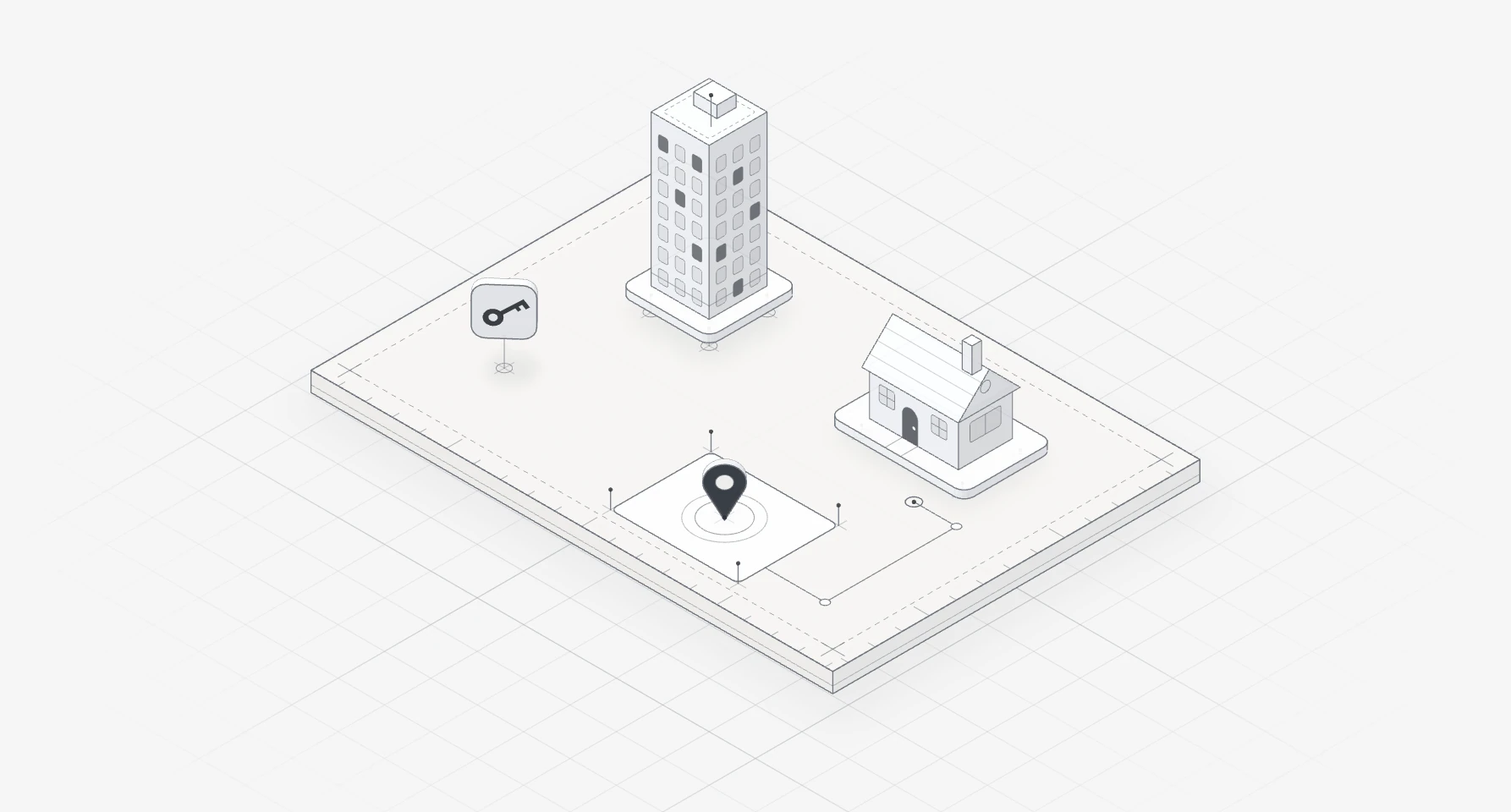 Line drawing of two isometric buildings on a plot, with a map pin dropping onto the ground beside them and a key tag swinging from a ring.