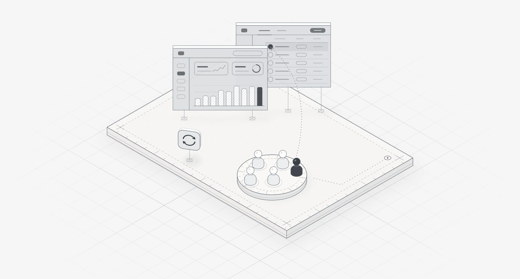 An animated line drawing of stacked dashboard panels with bars and a table on a slab, as small user avatars join the workspace one by one, drawn in silver hairlines.