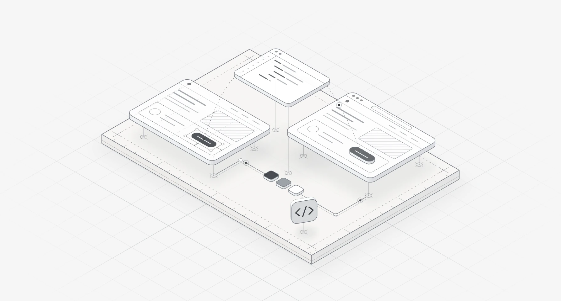 Line illustration of a design frame and the same screen as a live page, joined by code floating between them, with design tokens on the slab