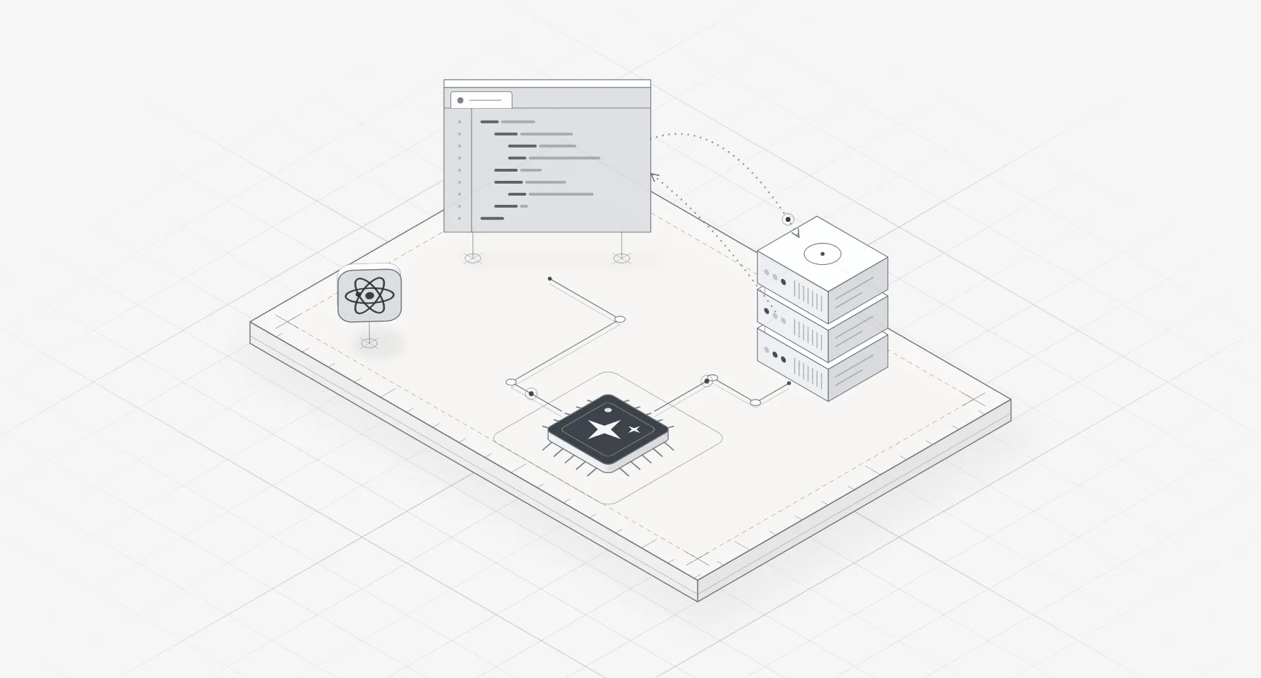 Line illustration of a code editor, a server stack and a chip on a slab
