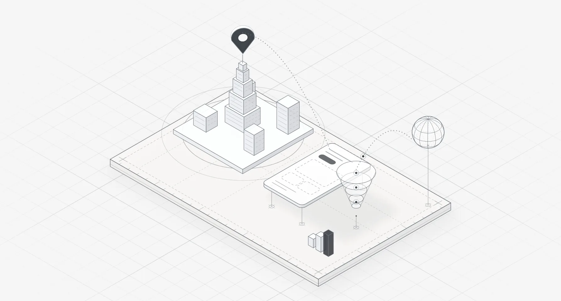 Line illustration of the Burj Khalifa with a map pin, linked to a product interface and a globe