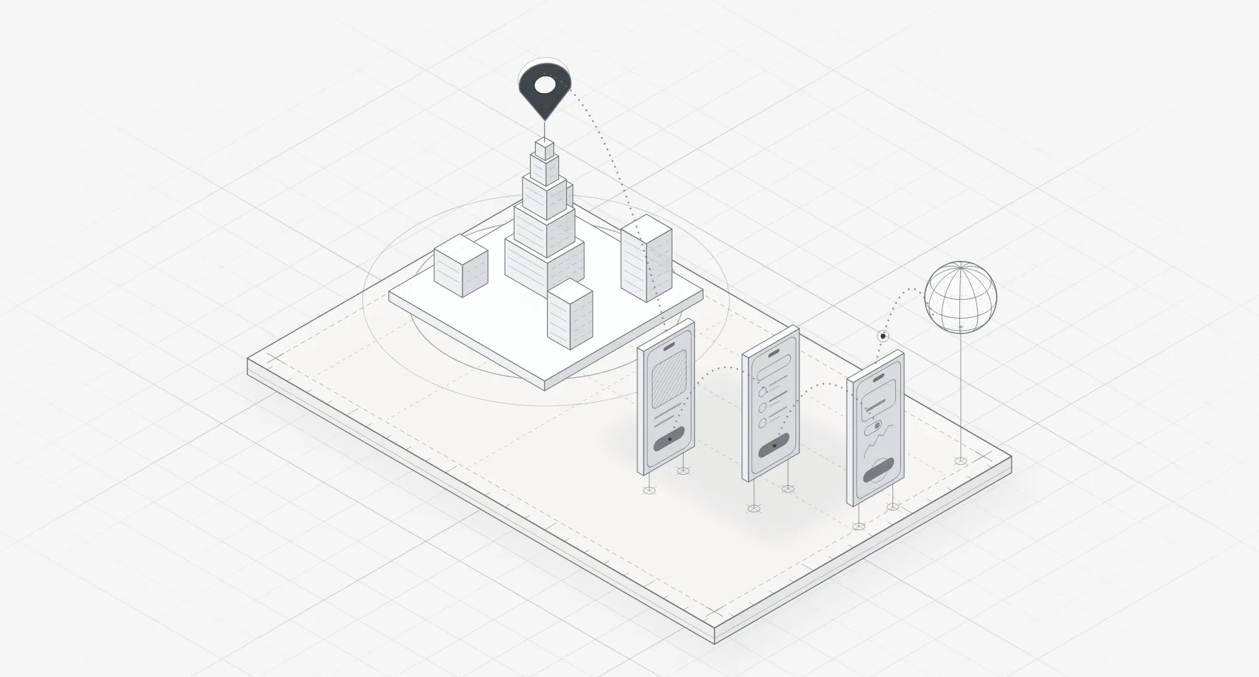 Line illustration of the Burj Khalifa with a map pin, linked to a product interface and a globe