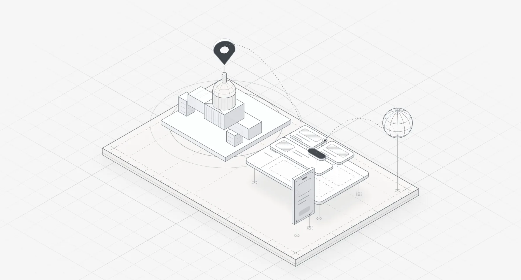 Line illustration of the Texas Capitol dome in Austin with a map pin, linked to a product interface and a globe