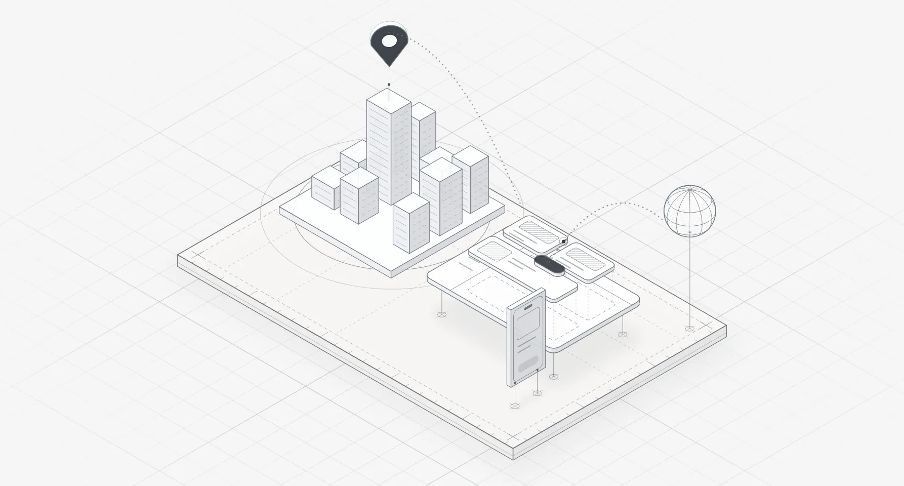 Line illustration of a Dhaka city district with a map pin, linked to a product interface and a globe