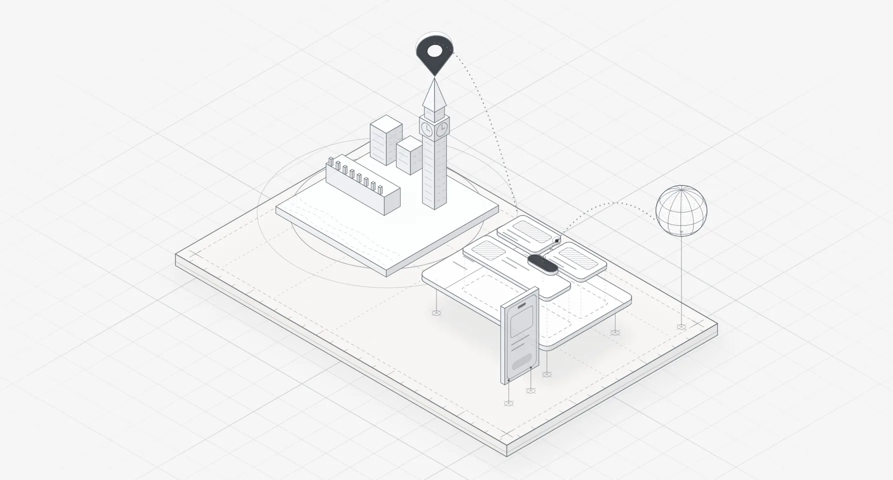 Line illustration of the Elizabeth Tower beside the Thames with a map pin, linked to a product interface and a globe