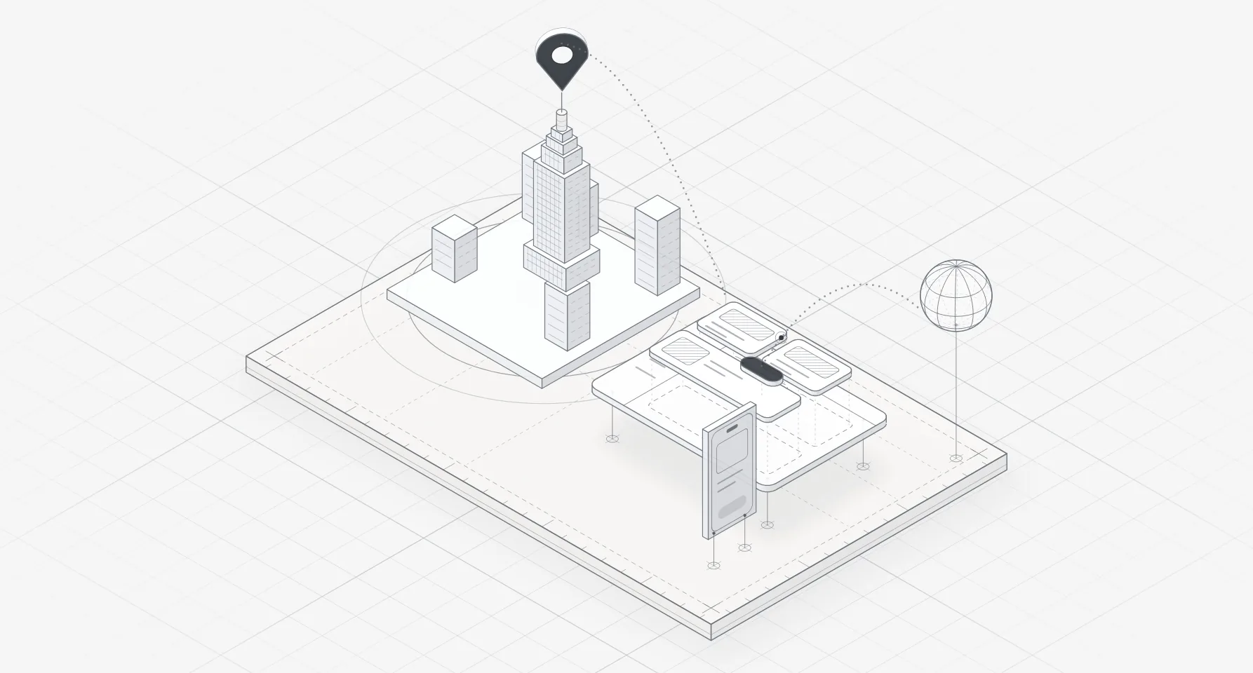 Line illustration of the Manhattan skyline with a map pin, linked to a product interface and a globe