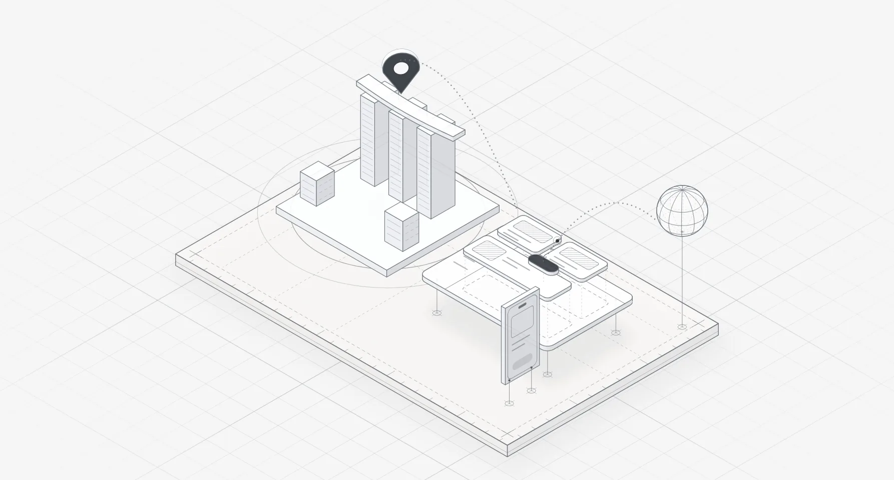 Line illustration of Marina Bay Sands in Singapore with a map pin, linked to a product interface and a globe