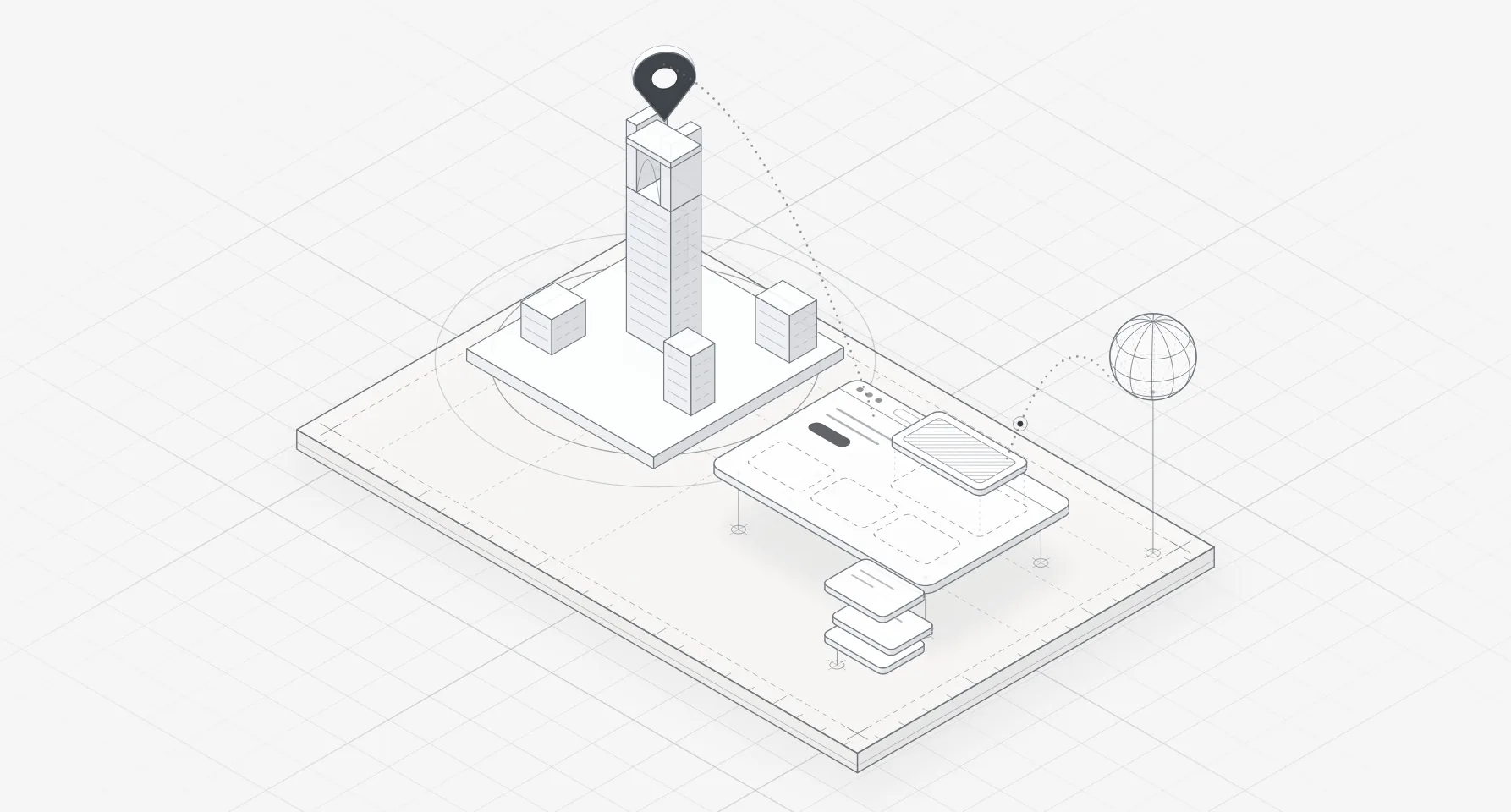 Line illustration of the Kingdom Centre in Riyadh, its open crown joined by a sky bridge, with a map pin linked to a website interface and a globe