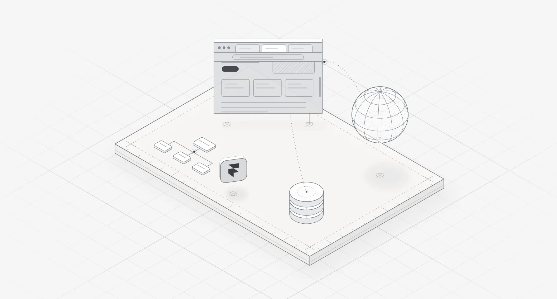 Line illustration of a browser window, a globe and a stack of content blocks